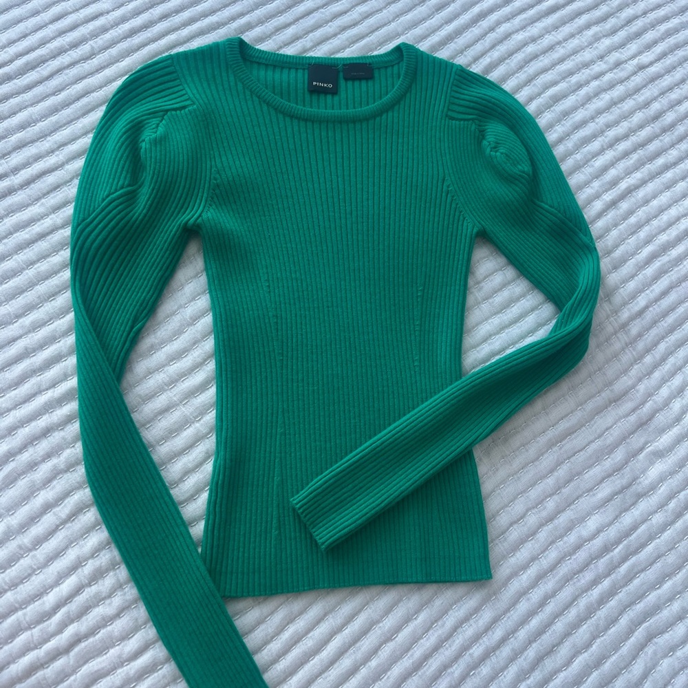 Pinko Teal-Green Ribbed Scoop Neck Sweater